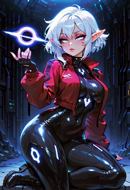 masterpiece, best quality, mrporty,g0thic, neon, BREAK, 1 elf girl, solo, mystical, (white hair wicks:0.9), (two tone hair:0.8), white eyes, short hair, white fluffy hair, cute, seductive, HoldingBlackHole, hand up, soft lighting, red jacket, black boots, black fingerless gloves, high-tech fortified suit, arm0rpunkv4