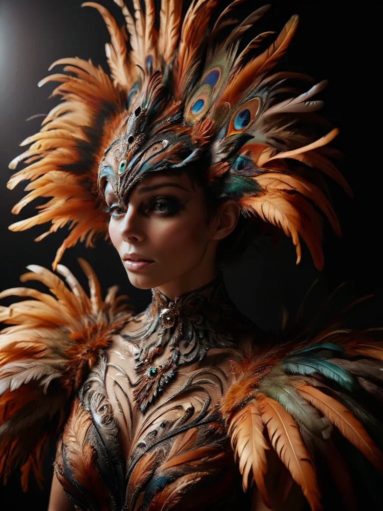 ral-feathercoat, a woman in a feathered costume poses for a picture <lora:ral-feathercoat-sdxl:1> black background, dim warm backlight, ring light
