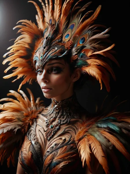 ral-feathercoat, a woman in a feathered costume poses for a picture <lora:ral-feathercoat-sdxl:1> black background, dim warm backlight, ring light