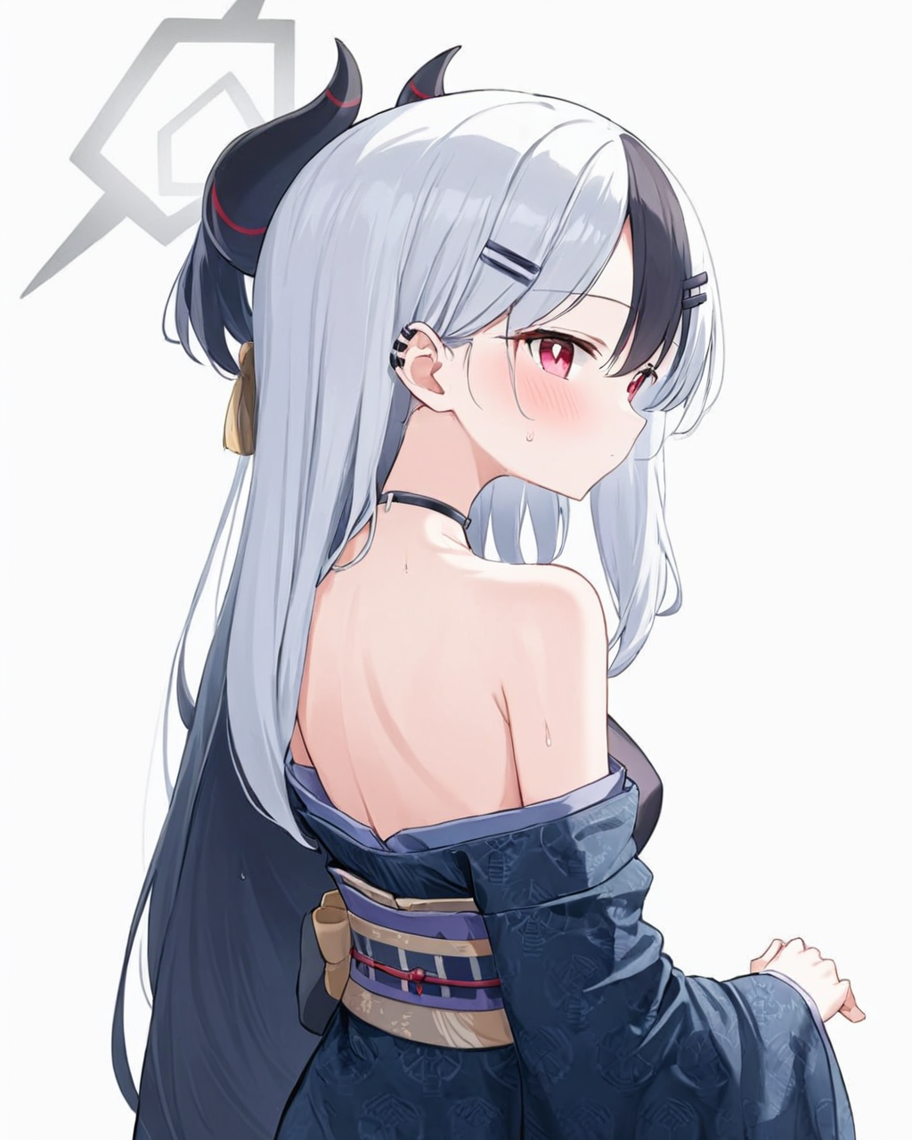 kayoko \(blue archive\),1girl, solo, blush, horns, white_background, halo, looking_at_viewer, simple_background, black_kimono, off_shoulder, hairclip, ear_piercing, sweat, bare_shoulders, obi, looking_back, closed_mouth, sweatdrop, wide_sleeves, long_sleeves, upper_body, from_behind, notice_lines, black_choker, white_pupils
<lora:kayoko_(blue_archive)_image1860_2023-11-28-000012:1>halo. gorgeous,key visual, vibrant, studio anime,award-winning, professional, highly detailed,high budget, cinemascope