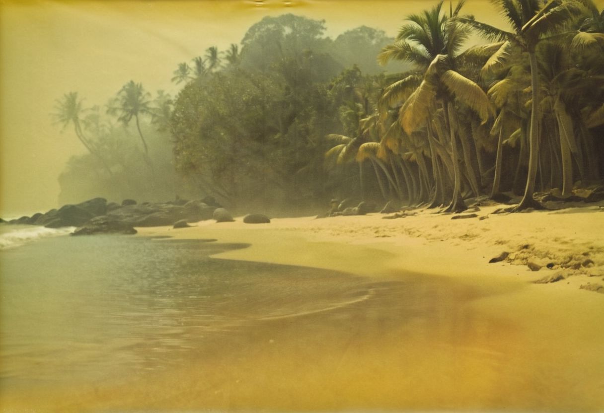 colouring_experiment_analogue, a foggy beach in sri lanka, hard shadow