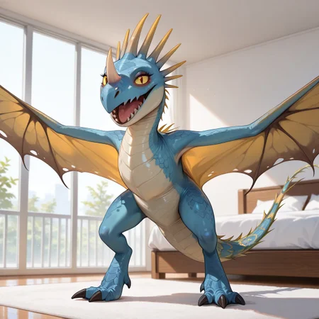 1girl, highres, absurdres, newest, masterpiece, best quality, furry, furry_female, deadly nadder, dragon, scales, wings, horns, tail, Stormfly_httyd, blue scales, yellow sclera, ((wyvern, no claws, horn on nose, nose horn:1.3)), (bipedal, feral:1.3), detailed eyes, (standing, spread wings), open_mouth, open mouth smile, luxurious detailed room, bright room, day scene, professional lighting, white bed, white room, white walls solo, bedroom, smiling, seductive, looking_at_viewer, masterpiece, full body, safe