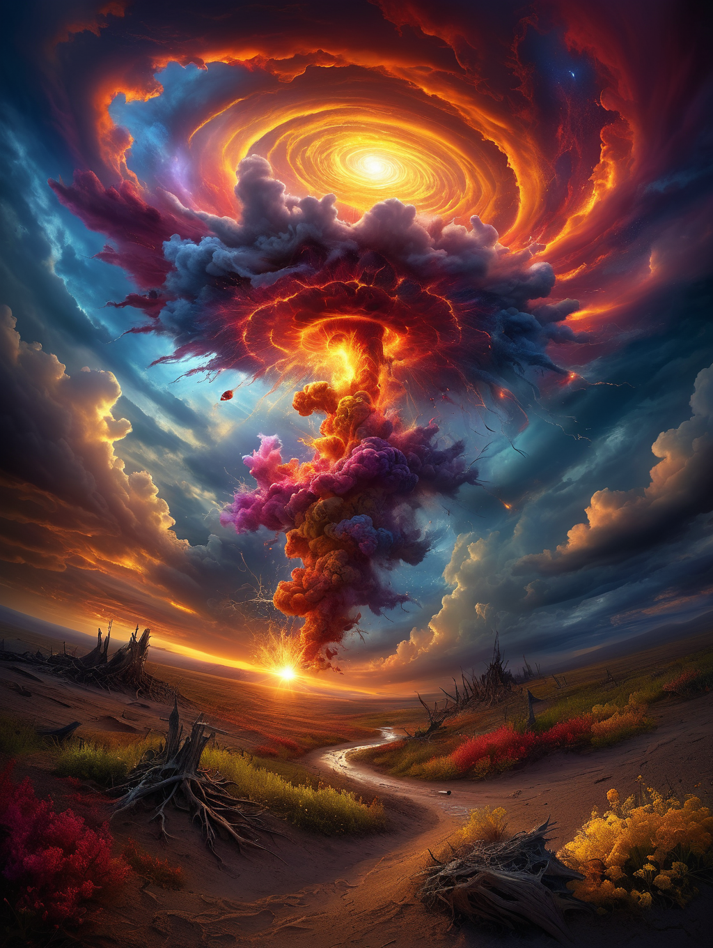 digital art in the style of epic Surreal, abstract, bizarre,  a swirling explosion of vibrant colours ,dramatic clouds, gloomy, mysterious, hazy, dusty, mystical, mysterious, gloomy, hazy, dusty, dramatic light, 32k uhd, focus eyes, fearsome appearance, masterpiece, high resolution, HD, 8k, best quality, intricate details,