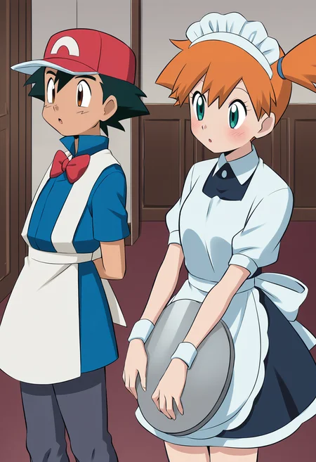 masterpiece, best quality, <lora:age_slider_v4:>,detailed_background,indoors,1boy,orange hair,pokemon \(classic anime\),maid headdress,nintendo,maid,blush,holding,blue eyes,pokemon \(anime\),misty \(pokemon\),creatures \(company\),00s,pokemon,crossdressing,game freak,1girl,brown eyes,standing,ash ketchum,side ponytail,blonde hair,dress,apron