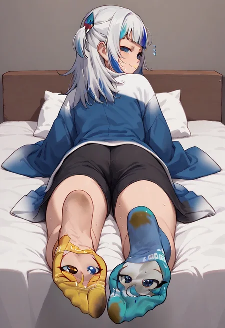 score_9, score_8_up, score_7_up, source_anime, ggdef, shark girl, blue eyes, blue hair, grey hair, multicolored hair, streaked hair, blunt bangs, two side up, shark hair ornament, long sleeves, wide sleeves, sleeves past wrists, drawstring, blues socks, dirty socks, sweat, cloe-up, smug, looking at viewer, closed mouth, pov<lora:GawrGuraPonyXLv6-20:1>
1girl, solo, nintendo switch, on bed, on stomach, bedroom, liying on stomach and looking on viewer, legs up, sole showing
(living socks! socks have eyes on soles! detailed eyes on socks!), normal feet, normal legs, normal anatomy,
