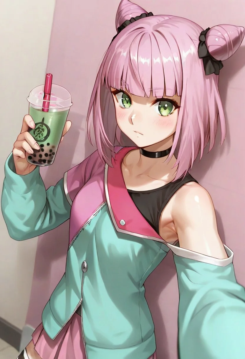 score_9,score_8_up,score_7_up, shiny skin,
shinagawa_haru, cardfight!!_vanguard, 1girl, solo, pink hair, purple hair,short hair, blunt bangs, hair bun, cone hair bun, double bun, green eyes, black choker, jacket, off shoulder, long sleeves, pink skirt, pleated skirt, thighhighs, striped, striped thighhighs, shoes, a girl say hi, selfie, arm up, out reach arm, blush, armpit,
upper body, dutch angle, boba tea shop, boba tea , boba tea beside face,