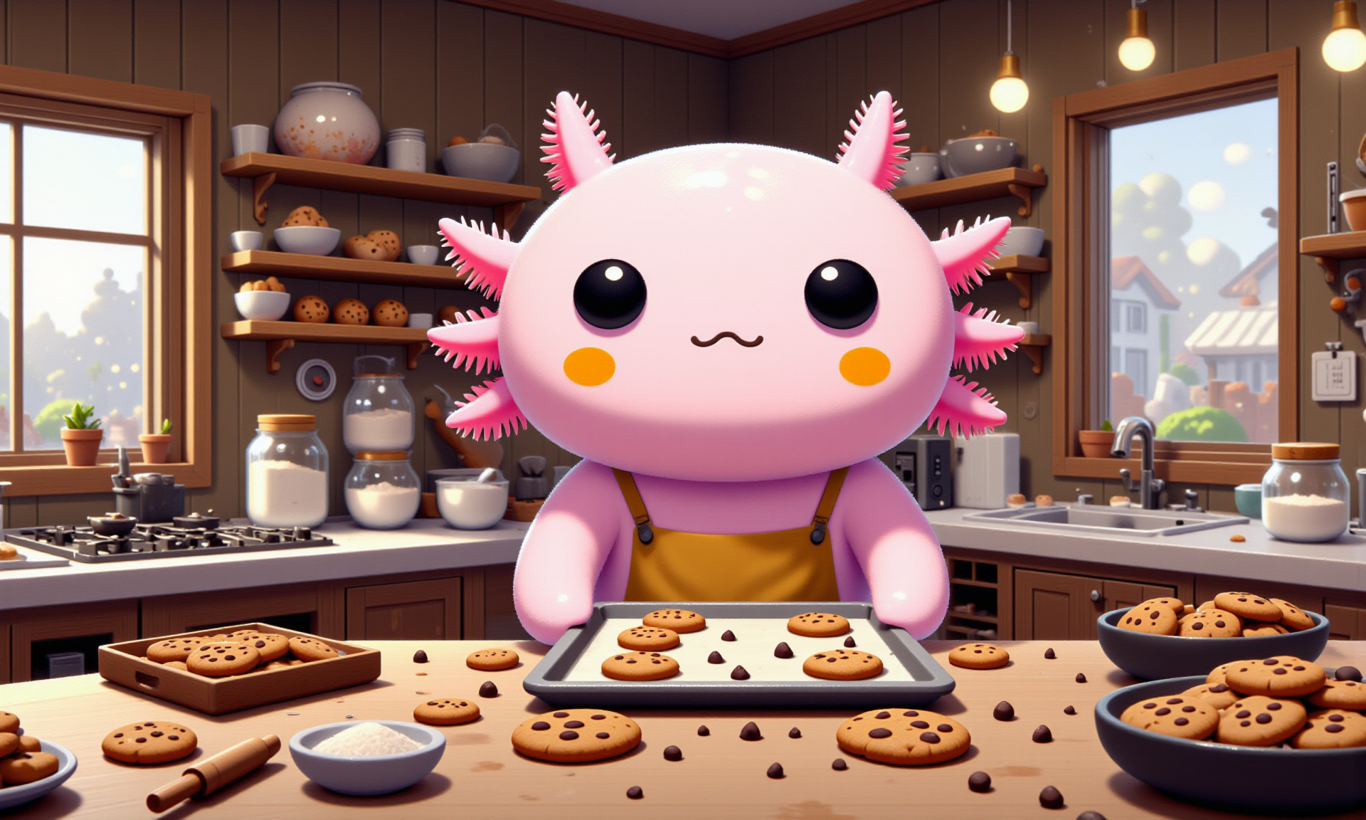 digital illustration in a vibrant, cartoon style, featuring (SUBJECT), axolotl, image of tiny cute anthropomorphized axolotls with pink frilly gills and round black eyes,  close-up of a pink axolotl seated in a warm, wood-paneled kitchen, dressed in a little apron and pulling a tray of freshly baked chocolate chip cookies out of a miniature oven; its round black eyes shine with pride, and its frilly gills perk up as the rich aroma fills the room; nearby, small jars of flour and sugar, rolling pins, and bowls of cookie dough add detail, while the tilt-shift effect softly blurs the kitchenâs shelves and window view of a frosty garden, creating a nostalgic, homey scene<lora:Axomodel_Flux_V2.safetensors:1.0:1.0> <lora:Katamari_Damacy_Style_FLUXCaption-000015.safetensors:1:1>