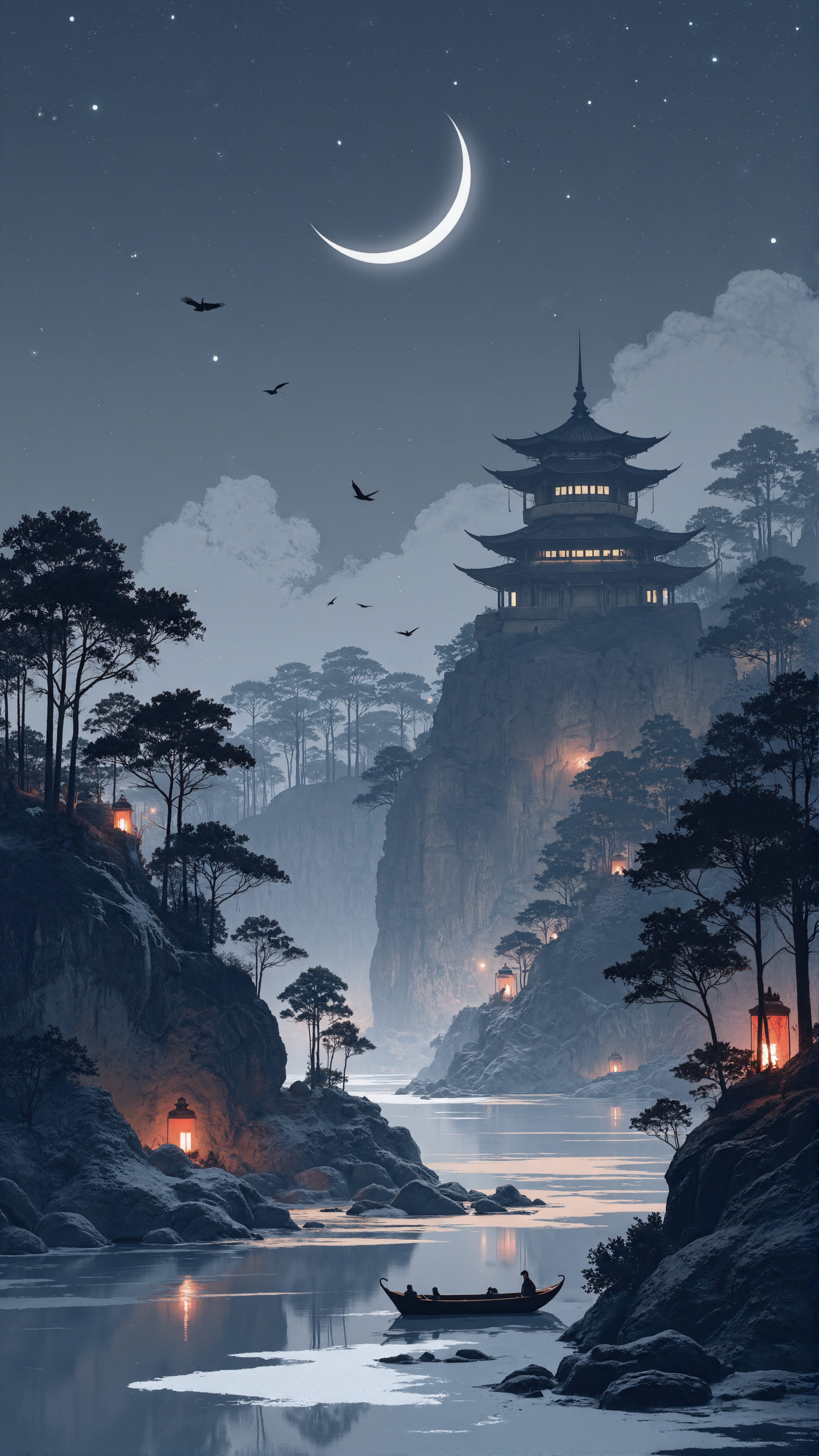 The moon goes down, crows caw in the frosty sky,
By maples and boat lights, I lie with sorrow high.
Outside Gusu City, from Cold Mountain Temple,
The midnight bell tolls, reaching my lonely vessel
