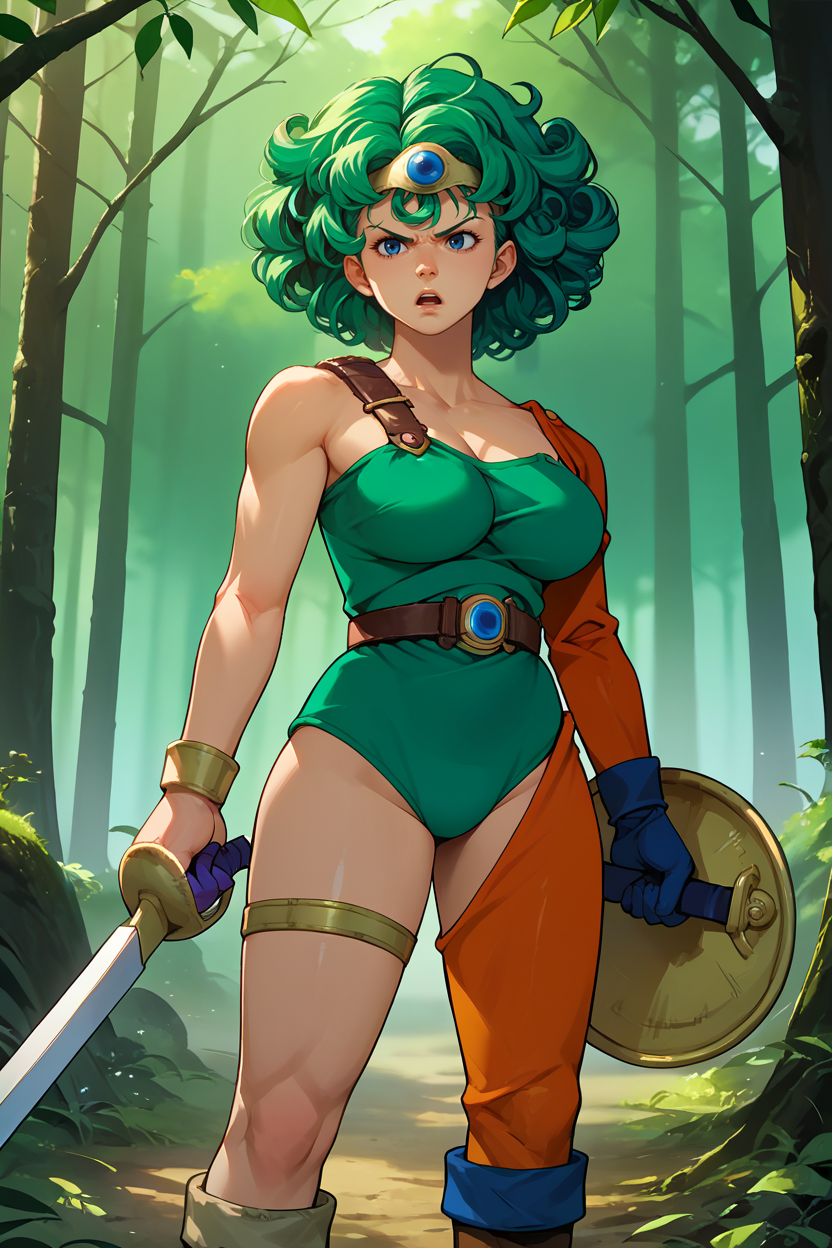 score_9, score_8_up, score_7_up, score_6_up, source_anime, 1girl, solo  <lora:dq4sofia-pdxl-nvwls-v1-000005:1> dq4sofia, curly hair, green hair, tiara, shoulder strap, green leotard, single sleeve, single thighhigh, single glove, large breasts, cleavage, serious, holding sword, holding shield, forest, open mouth, boots
