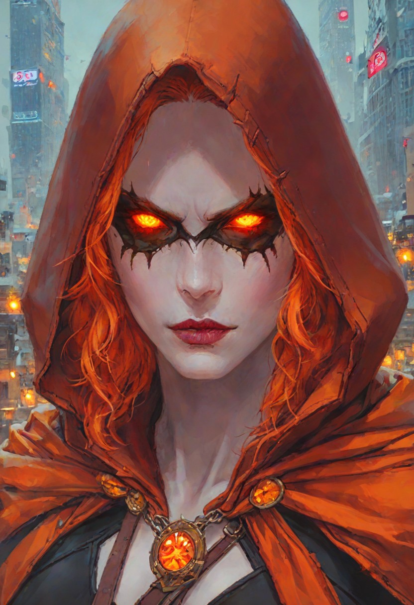 score_9, score_8_up, Hallows Eve, glowing eyes, hood, yellow eyes, parted lips, hood up, white skin, orange eyes, mask, looking at viewer, (seductive smirk), new york city scene background, 1girl, maximum details, intricate