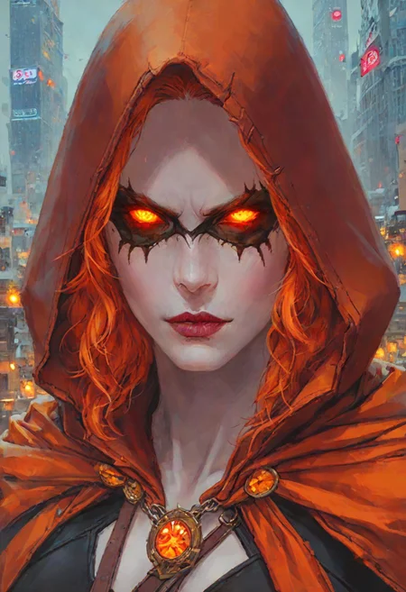 score_9, score_8_up, Hallows Eve, glowing eyes, hood, yellow eyes, parted lips, hood up, white skin, orange eyes, mask, looking at viewer, (seductive smirk), new york city scene background, 1girl, maximum details, intricate