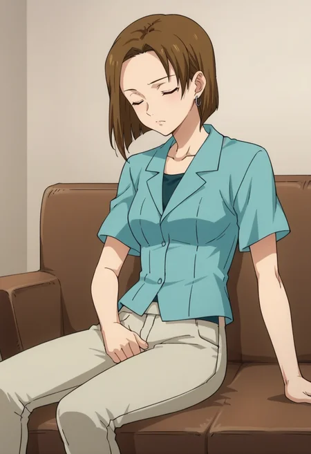 score_9,score_8_up,score_7_up,score_6_up,score_5_up,score_4_up,anime coloring BREAK source_anime,anime,<lora:Kinue_Crossroad_Gundam_00_Pony:0.7>,kinue,1girl,solo,brown eyes,brown hair,short hair,earrings,blue shirt,capri pants,closed eyes,sleep,arched_back,room,(couch:1.2),