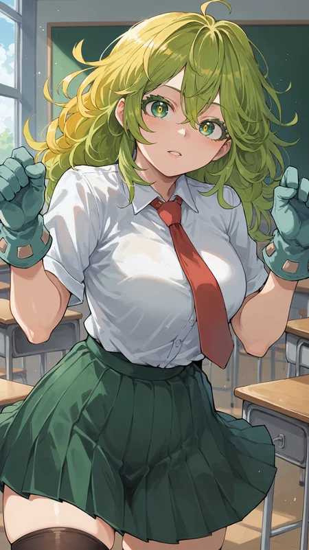 score_9,score_8_up,score_7_up,score_6_up, source_anime, <lora:xl_more_art-full_v1:0.5>, girl, dynamic pose, head tilt, <lora:Toru Hagakure (Invisible Girl) - Pony:0.8>, long hair, green hair, yellow hair, messy hair, multicolored hair, green eyes, long eyelashes, white gloves, school uniform, green skirt, pleated skirt, black thighhighs, red necktie, classroom,