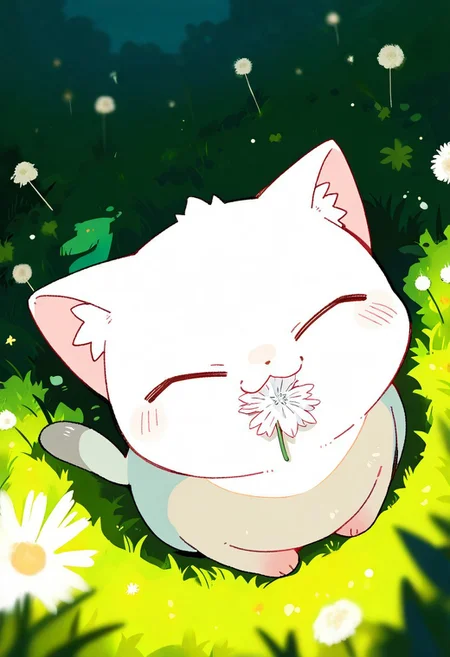realistic, oharu-chan, akai sashimi, massakasama
very awa, masterpiece, highres, absurdres, newest, year 2024, year 2023, safe general,
perspective, from above, (dutch angle:1.1), (fisheye:1.1), foreshortening, cute, no humans,
solo, cute cat, chibi, closed eyes, on back, cat ears, cat tail, paws, dandelion, dandelion seed, (flower in mouth:1.2), partially submerged, (relaxing:1.1),
tall grass, embers, detailed background, onsen, blurry foreground, sunbeam, dappled sunlight, sunlight, (sidelighting:1.2),
<lora:ponyv4_noob1_2_adamW:0.3>, <lora:spo:0.85>,
<lora:illustrious_noobai_epsilon_pred_1_masterpieces_v1:1.0>,