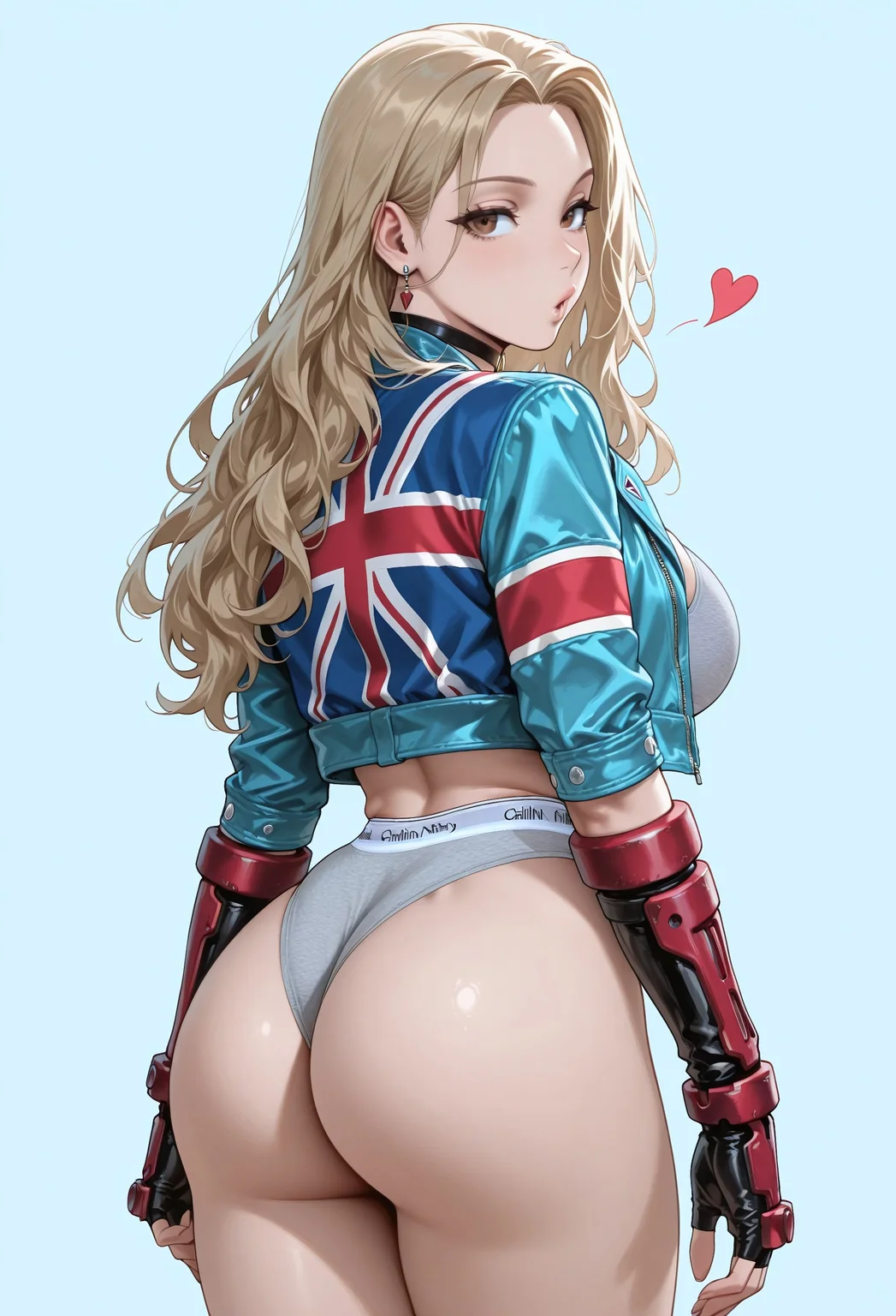 masterpiece, best quality, amazing quality, absurdres,
M1n_J1w0n, 1girl, solo, brown hair, long hair, wavy hair, brown eyes, large breasts,
s3xycammy, black chocker, pendant choker, aqua jacket, leather jacket, open jacket, cropped jacket, union jack, red striped jacket, grey bra, grey panties, calvin klein, red gloves, armored glove, fingerless gloves, red footwear, combat boots,
, standing, blowing kiss, cowboy shot, seductive, simple background, blue background, from behind,