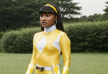 thick yellow energy beam wrapped tightly around waist of female yellow power ranger Ellie, 1girl, alone, 20-year-old black woman, yellow headband, yellow hairband, centre-parting voluminous straight shoulder-length with bangs haircut, dark-skinned, fringe, black hair, brown eyes, helmetless, wearing yellow power ranger costume, yellow spandex catsuit, white collar, white gloves, large chunky steel hoop earrings, talking, concerned facial expression, standing square-on, both arms down by sides, torso shot, in action in grassy meadow, hyperdetailed photography