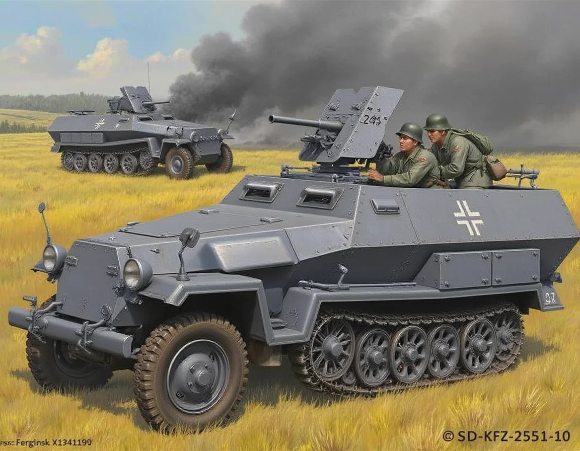,  <lora:sd-kfz-251-10:1>sd-kfz-251-10:ã
A German WWII combat vehicle equipped with a 37mm anti-tank gun on an open-top half-track.Three-quarter view.ferman soldier.German identification mark of a cross.soldiers are wearing helmets and field green uniforms.While parked in the grassland, a smoking tank can be seen in the distance.