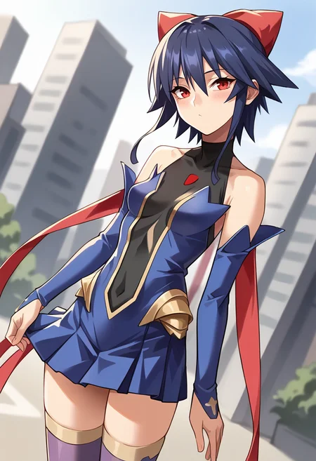 score_9, score_8_up, score_7_up, masterpiece, source_anime, 1girl, ct ai, short hair, blue hair, red eyes, hair ribbon, ribbon, leotard, blue miniskirt, skirt, detached sleeves, covered navel, purple thighhighs, outdoors, depth of field, looking at viewer, dutch angle, city, depth of field, cowboy shot,  <lora:Ai_Kagano_Pony_ct:0.9>