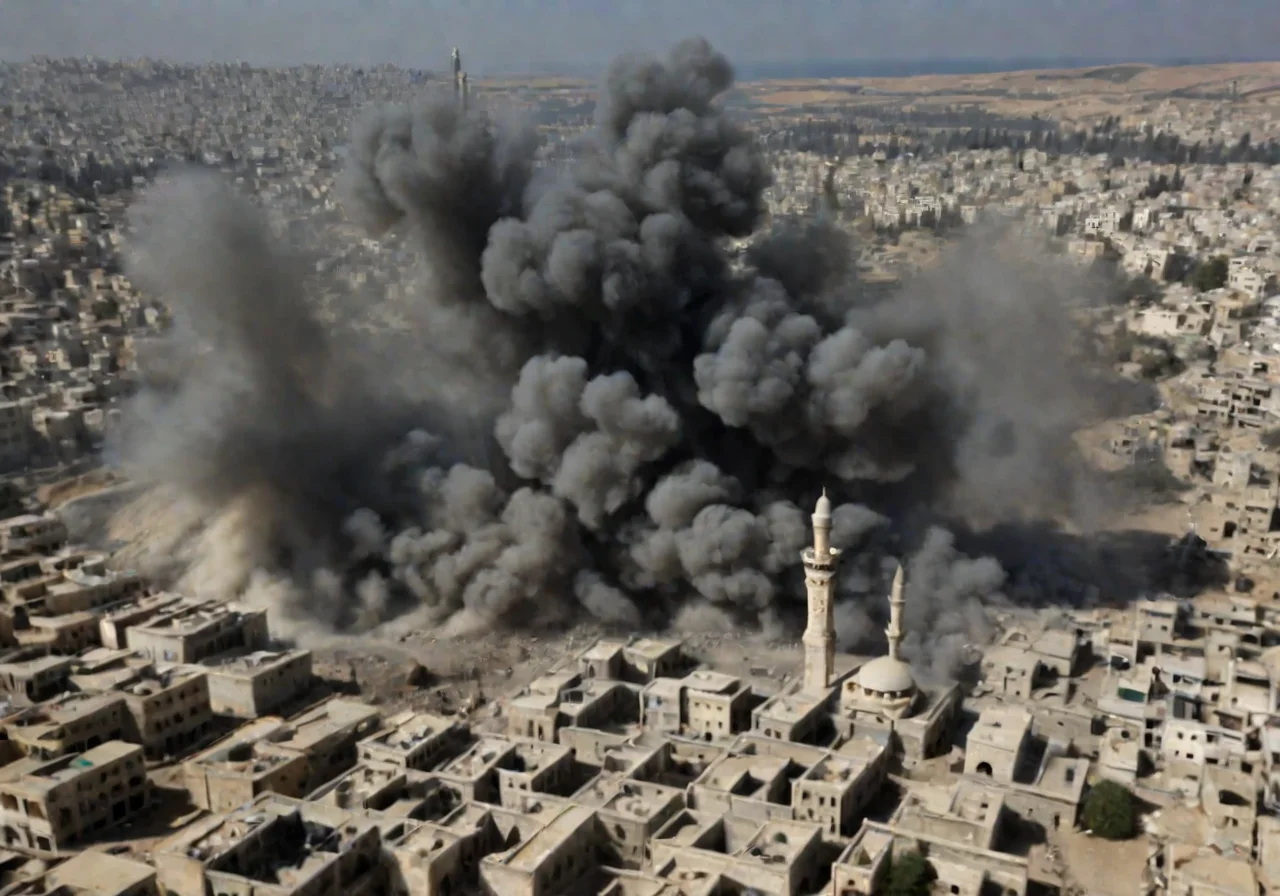 <lora:Smoke_XL:1>, middle shot, ancient Palestinian bombed out city with Mosque, helicopters overhead, in the form of smoke_xl