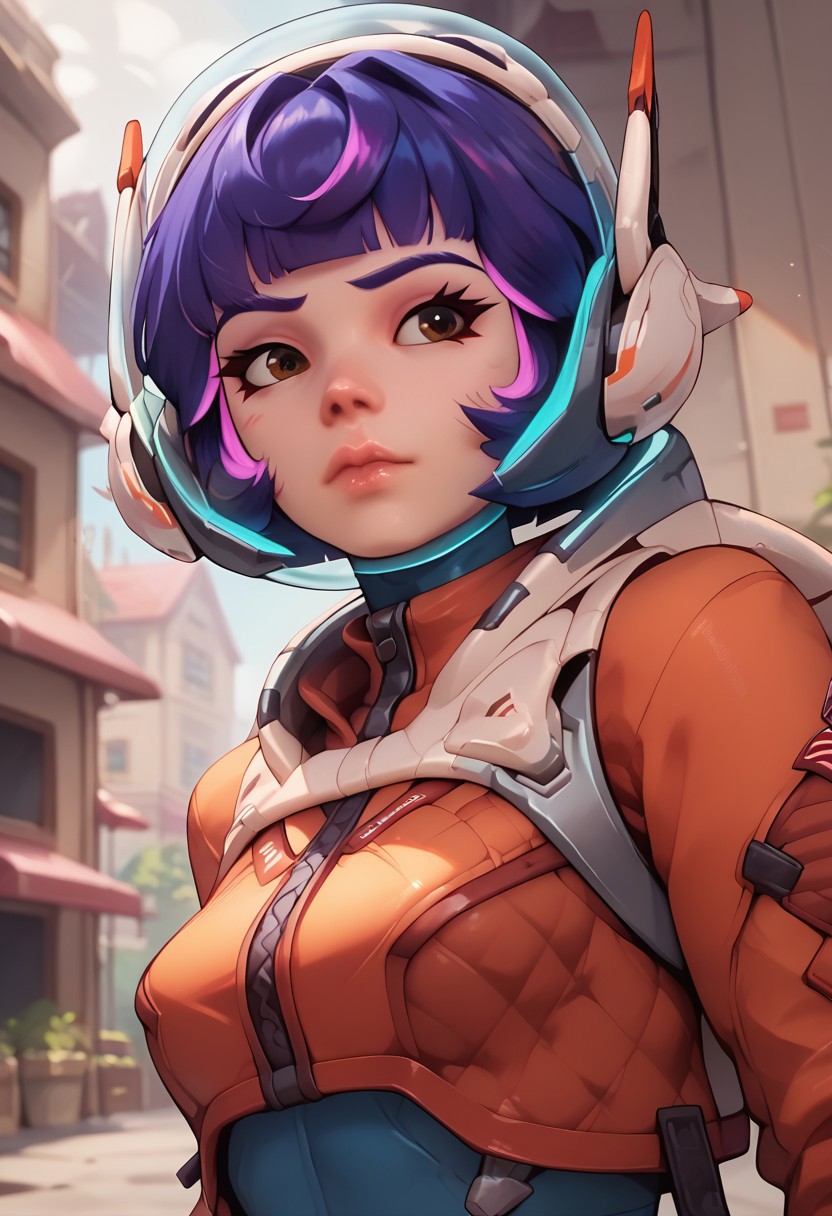 zPDXL , score_9, score_8_up, score_7_up, score_6_up, 2.5d, <lora:Juno overwatch-000025:1> Juno (overwatch) , purple hair, multicolored hair, pink hair,  helmet,  spacesuit,