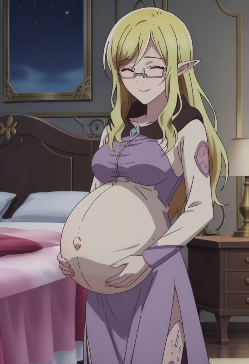 best quality, masterpiece, 4k, perfect lighting, very aesthetic, anime, anime coloring, official art, anime screencap,
bedroom, large pregnant belly, happy, smile, hand on belly,
Steina, elf, glasses,