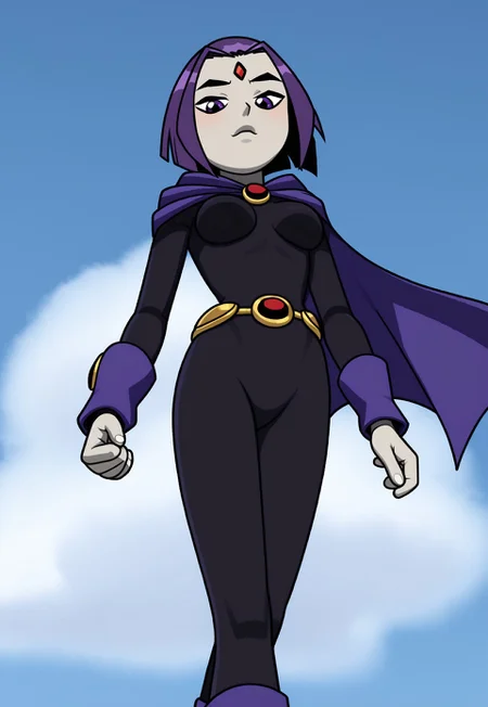 chrav, floating in the air, low angle break chrav wearing ravdress, chrav wearing purple cape, ((solo))