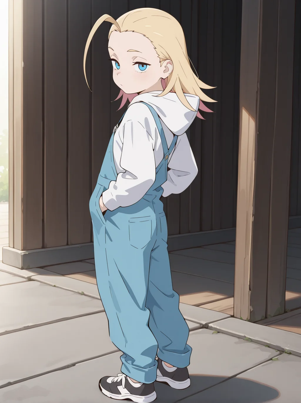 (masterpiece:1.4), (best quality:1.4),  rating_safe,very aesthetic, newest,best quality, amazing quality, very aesthetic, absurdres,
 1girl,solo,jobko, ,  blonde hair,  long hair, forehead,antenna hair,medium hair, eyebrows,  
<lora:jobko:1>
overalls,white hoodie,hood down, long sleeves,white sneakers,black shoelace
outdoor,hands on pocket,
looking at viewer