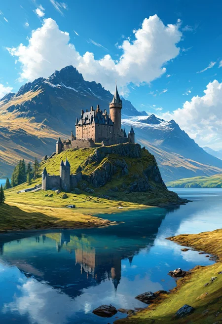 (masterpiece:1.3), subsurface scattering, heavy shadow, (high quality:1.4), (intricate, high detail:1.2), ambient lighting, atmospheric effects, <lora:detail_slider_v4:2>, OverallDetail, <lora:Highlands:1>, blue sky, cloud, day, highlands, landscape, castle, lake, nature, no humans, outdoors, scenery, sky, mountains