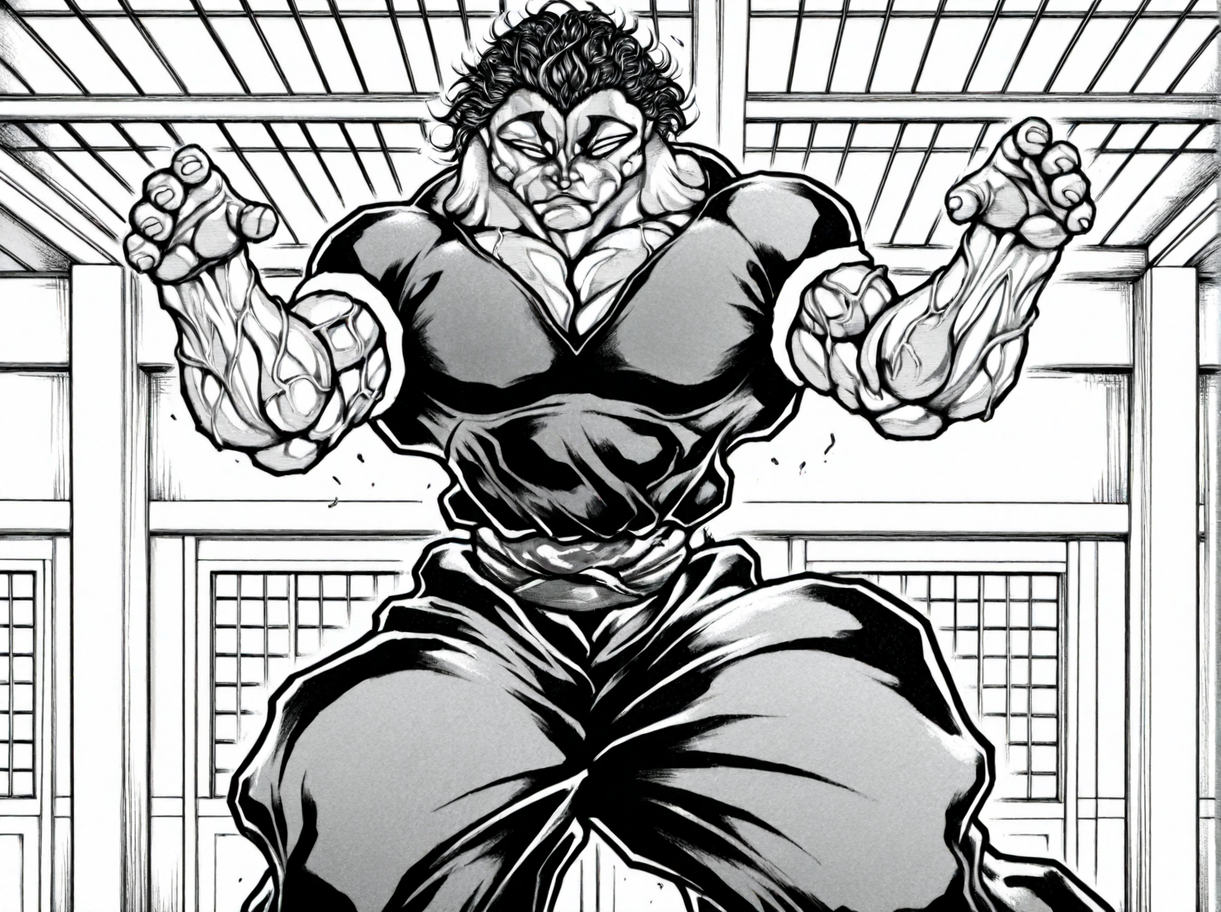 masterpiece, best quality, amazing quality, absurd res, 
 <lora:Yujiro_Hanma_Baki_for_Illustrious:1> 1boy, yuj1ro, muscular,  solo, shirt, pants, ripped shirt, 
topless male, veins, fighting pose, monochrome, greyscale, manly, abs, 
 <lora:Itagaki_Style_Baki_for_Illustrious:0.7> itagak1_style, indoors, dojo,