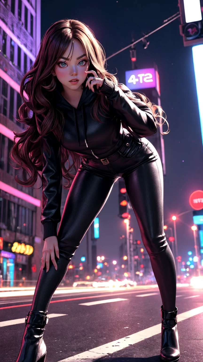 sydsweeney97, 3d background,
3D, 4k resolution, mysterious girl, leaning forward, intense gaze, long wavy brown hair, golden hoodie, black leather pants, night cityscape, glowing neon lights, detailed urban setting, soft shadows, perfect anatomy, detailed fingers, stunning lighting
<lora:add_detail:0.4>