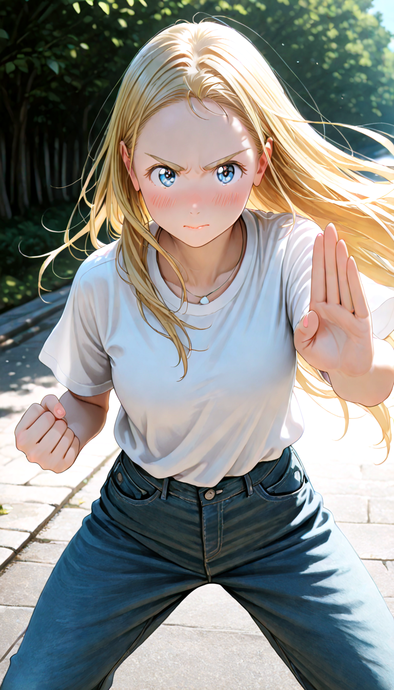 lazypos, masterpiece, best quality, amazing quality, very aesthetic, absurdres, newest, (dynamic angle), (detailed eyes:1.4),
BREAK
1girl,solo, blond hair, blue eyes,Silk Hair,(Beautiful shiny blond hair),
BREAK
tshirt and pants, (outdoors:1.2), from behind medium shot, embarrassed expression, fighting stance,
 <lora:Kofune_Ushio_-_100percent_-_manga:1.1>