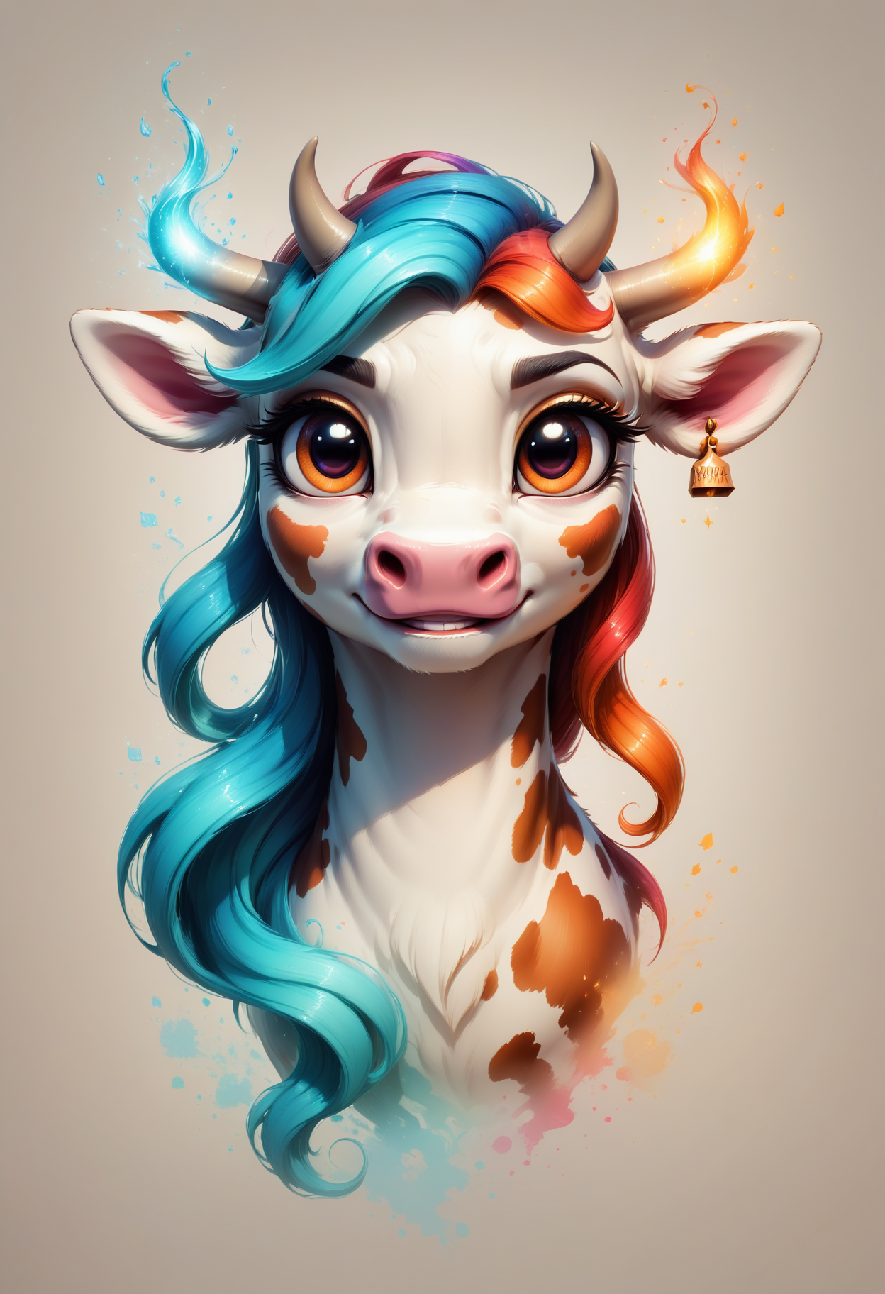 Faded Headshot, faded bottom, faded edges  <lora:FadedHeadshot:1>,score_9,score_8_up,score_7_up,score_6_up,score_5_up,score_4_up  beautiful cow pony, extremely detailed fur, milk splashes, black and white, dynamic movement, bright colors, high contrast, vivid lighting, celebration, glowing effect, illuminated, artistic