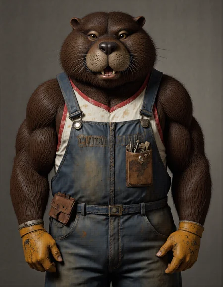 Rembrandt style <lora:funnys:1>, This is an ultra-realistic, highly detailed portrait of a beaver, rendered with meticulous attention to texture, lighting, and personality. The beaver stands confidently against a smooth gradient grey background that transitions from a deep charcoal at the bottom to a soft silvery hue near the top, creating a neutral yet dynamic setting that highlights every intricate detail of this industrious creature.,
The beaver’s body is robust and muscular, covered in dense, dark brown fur that has a coarse, wiry texture. Each strand of fur is individually visible under the soft, diffused lighting, with subtle variations in tone—from deep chocolate to lighter caramel hues—creating a natural, lived-in appearance. Its fur is slightly matted in places, particularly around its shoulders and chest, suggesting long hours of labor. Beneath the thick coat, the skin is textured and rugged, with faint scars and scratches hinting at its hardworking nature.,
Its face is the centerpiece of the portrait, exuding both charm and grit. Large, expressive black eyes glimmer faintly, reflecting hints of determination and mischief. Tiny wrinkles radiate outward from the corners of its eyes and mouth, adding depth and character to its expression. Its rounded cheeks are slightly sunken, emphasizing its strong jawline, which is framed by a pair of prominent incisors. These yellowed teeth are the focal point of the image: they protrude prominently, their enamel unevenly stained with shades of mustard yellow and pale beige, evidence of years spent gnawing on wood and other tough materials. Specks of dirt cling to the grooves between the teeth, further accentuating their rough, utilitarian appearance.,
The beaver wears a practical pair of faded blue overalls, frayed at the edges and splattered with mud and sawdust. The fabric is worn thin in certain areas, particularly around the knees and straps, indicating heavy use. Beneath the overalls, it sports a snug-fitting white undershirt emblazoned with bold black lettering that reads "CIVITAI rules" across the chest. The text is slightly smudged, as if the shirt has seen many days of sweat and toil, but remains legible, adding a touch of modern irreverence to the rustic scene.,
Around its neck hangs a red bandana, tied loosely into a knot, its edges frayed and stained with grease. On its hands, worn leather gloves protect its paws, though holes have begun to form at the fingertips, revealing calloused digits beneath. A worn-out utility belt wraps around its waist, holding various tools—a hammer, a small saw, and a pouch filled with nails—all contributing to the impression of a diligent worker.,
Lighting plays a crucial role in this piece, with soft, even illumination casting gentle shadows that accentuate the beaver's three-dimensional form. Subtle highlights run along the ridges of its flat tail, the curve of its ears, and the raised fibers of its fur, while deeper shadows pool within the folds of its clothing and the creases of its skin. This interplay of light and shadow creates a masterfully realistic rendering, drawing the viewer’s eye to the intricate textures and imperfections that define the beaver's character.,
Every element of this portrait—from the carefully crafted texture of the beaver's fur to the weathered details of its work attire and the striking emphasis on its yellowed teeth —has been meticulously designed using advanced CGI techniques combined with photorealistic textures. The result is an unparalleled level of realism that blurs the line between digital art and photography, inviting viewers to linger over the smallest details and marvel at the juxtaposition of ruggedness and personality in this unconventional yet compelling subject. . Baroque, chiaroscuro, realistic, emotional, "flat lighting