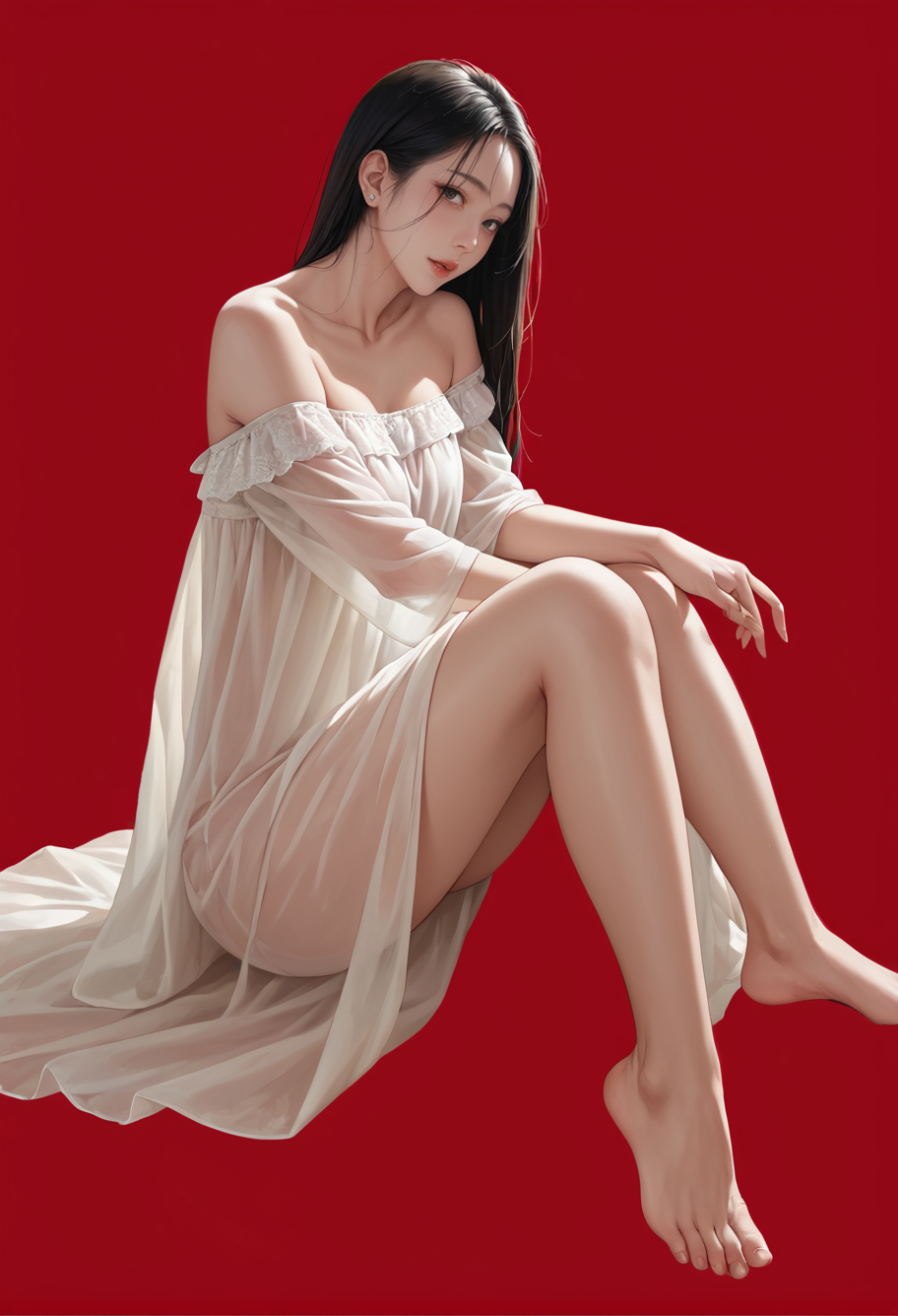 1girl,solo,red background,,ruanyi0837,off-shoulder dress,see-through,barefoot,<lora:0837 One shoulder sequined tube top dress_v1_pony:1>, score_9,score_8_up,score_7_up,,8k,1girl,solo,,