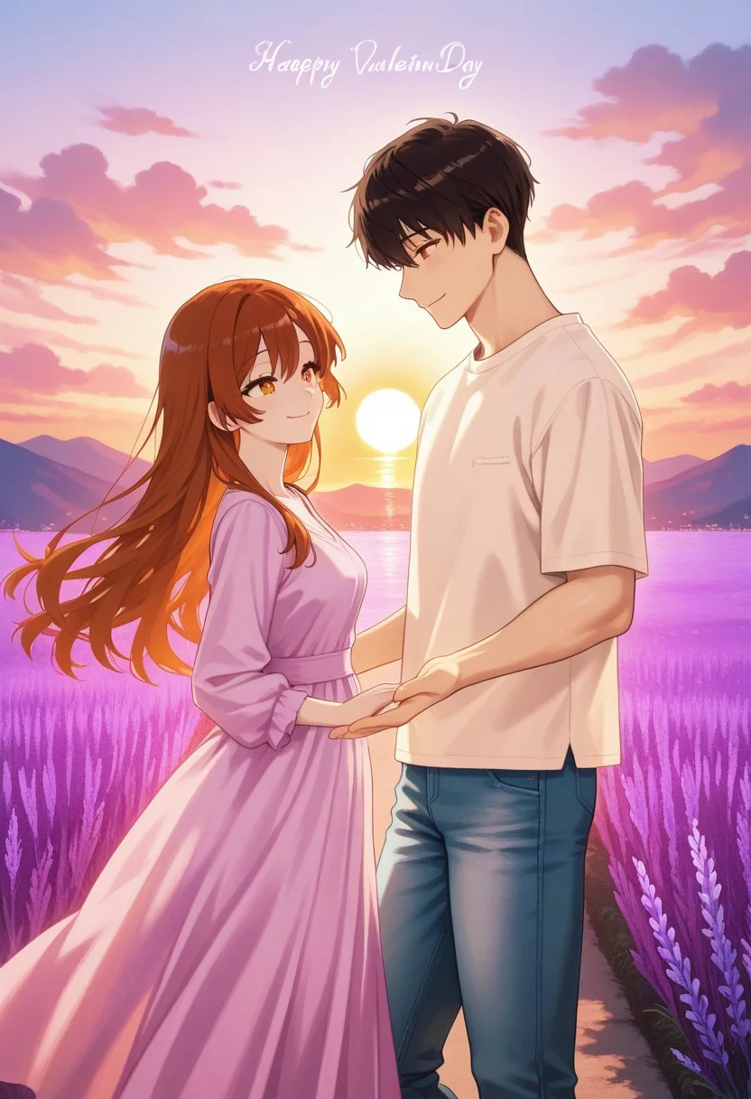 (1boy, short styled hair, dark brown hair, black hair, warm inviting eyes, gentle smile, casual outfit, fitted shirt, jeans, earthy tones, standing beside, turned towards, shared joy), (1girl, long flowing hair, auburn hair, chestnut hair, large expressive eyes, amber eyes, golden eyes, flowing dress, lavender dress, light pink dress, romantic dress, serene smile, warm expression, gentle pose), anime style, vibrant colors, expressive characters, romantic theme, sunset background, calm ocean, open field, vibrant sky, deep oranges, pinks, purples, glowing sun, warm golden light, magical ambiance, "Happy Valentine Day" in sky, elegant script, glowing letters, sparkling stars, soft clouds, wispy clouds, silhouette of island, mountain range, depth, scale, serene atmosphere,