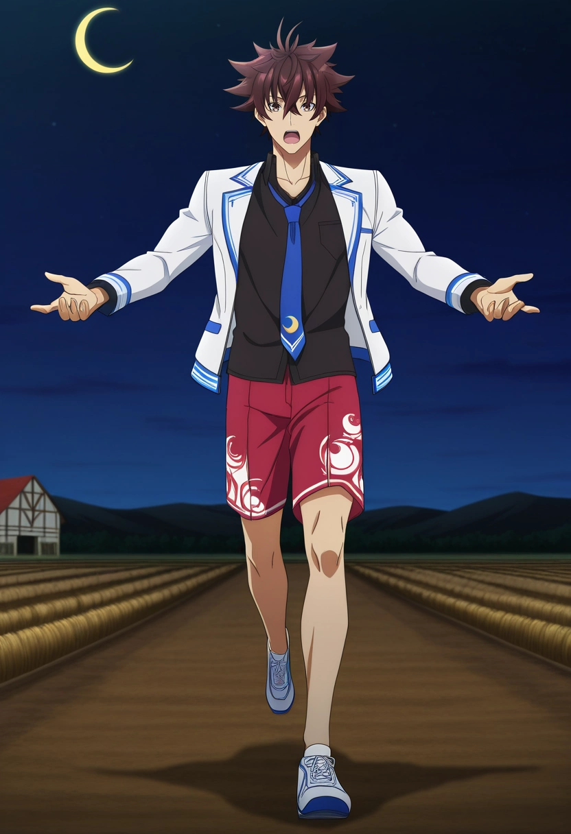 masterpiece, best quality, , anime screencap, anime coloring, official style,, 1boy, solo, male focus, <lora:yuuya_tenjou_ilxl:0.98>, yuuya_tenjou, brown hair, brown eyes, short hair, hair between eyes, spiked hair, bangs, white jacket, blue necktie, black shirt, collared shirt, rule of thirds, farm, plantation, night, crescent moon, dynamic pose, open mouth, Damask Crimson Board shorts with print, Muscle tank, Athletic shoes, , andHaversack