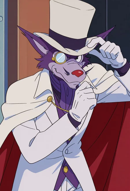 score_9, score_8_up, score_7_up, score_6_up
,
1boy, solo, Professor Moriarty, wolf, white pants, furry, white jacket, white cape, monocle on eye, white bowler hat, whiskers, red nose, ears spread out, Anime, male, purple body