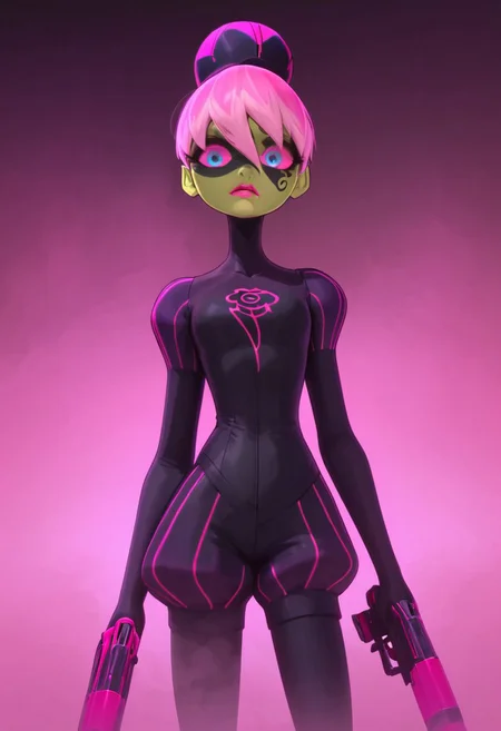 (score_9_up, score_8_up, score_7_up, score_6_up), g0th1c, glowing, Expressiveh, easynegative, high quality, ultra-highres, Princess Fragrance, green skin, glowing, magenta hair, pink hair, multicolored hair, two-tone hair, bangs, bun, hair between eyes, rosebud-like bun, blue eyes, pink sclera, pink lipstick, black paint around her upper face, over her eyes with a swirl below her left eye, black turtlenecked skin-tight suit, puffed sleeves, puffed shorts, Narrow pink lines, black tube came out of the top of the bun, rose design on her chest, blaster, dark purple tear-shaped bottle, pink horizontal lines, pink glass blaster, BREAK, background, purple mist, magenta fog