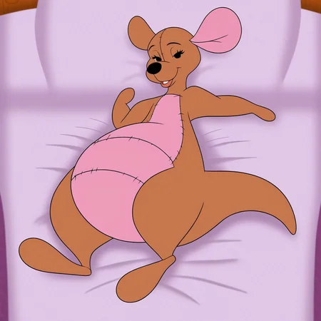 kanga, kangaroo, stuffed animal, bed bedroom, laying on bed, seductive, looking at viewer ,