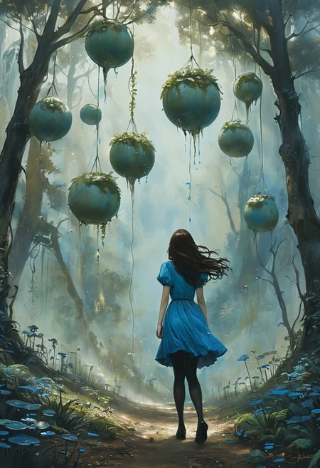 (water-colored), illustration, style of Jessica Galbreth,
(far view, far shot, rear view, facing away:1.3),
(Alice, woman walking, very long dark brown hair, hair rim lighting, hair in the wind, blue short maid dress with short sleeves, black tights, black shoes:1.5),
fog, dreamy, dream,
(fantasy forest, giant ball plants, big balls suspended, water:2.2)
