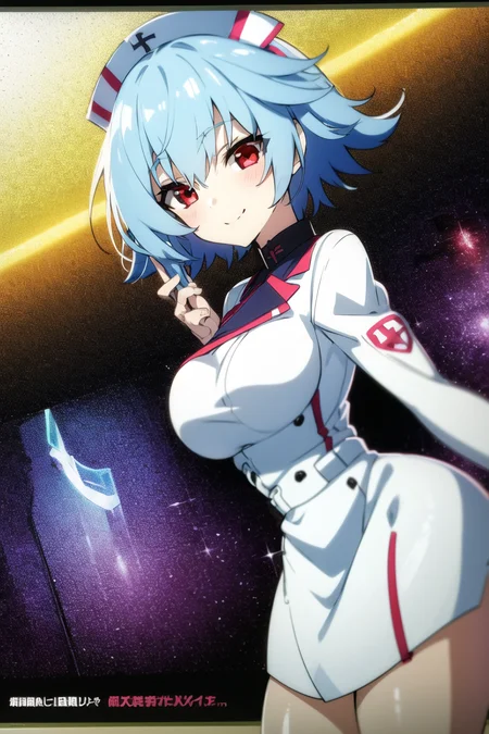 1girl,blue hair, short hair, red eyes, light blue hair,hair between eyes, sidelocks, short hair with long locks,bangs,hair flaps,nurse,