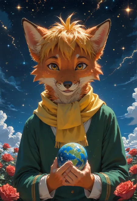 detailed background,Cinematic Lighting,film grain,score_9,score_8_up,score_7_up,zPDXL2,masterpiece,best quality,highly detailed,glowing,hand person,Expressiveh, <lora:(增强)sdxl_lightning_8step_lora:1>,<lora:glowneon_xl_v1:1>, <lora:(增强)Hands XL 4:1>,<lora:(增强)Expressive_H-000001:0.8>, <lora:Vixon\Vixon's Pony Styles Astro:0.8> , little prince, a rose, a fox, night sky, universe, yellow scarf, yellow hair, green clothes, 4str0,star \(sky\), earth \(planet\), planet,Le Petit Prince,1child