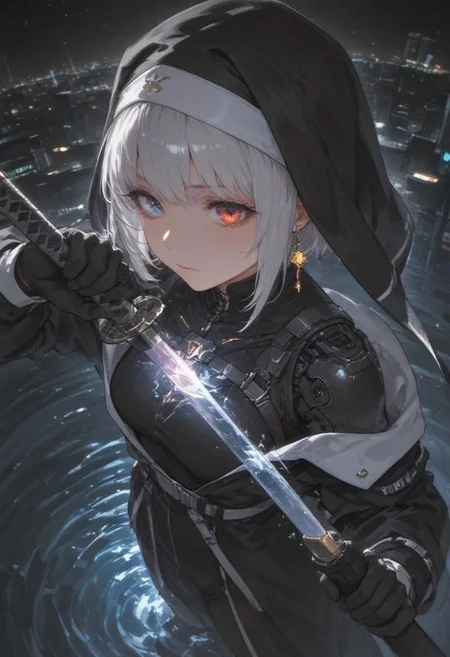best quality, amazing quality, very  esthetic, newest, scenery, high-resolution, masterpiece, detailed eyes, perfect eyes, realistic eyes, depth of  field, high angle,
1girl, solemn, confident, heterochromia, looking viewer ,solo ,silver hair, short hair, habit, black uniform, open shoulder, golden trimmed, earrings, jewelry, katana, unsheathing, gloves,
bloom, cyborg, volumetric lighting,  (fighting stance:0.7), 
cyberpunk city, starry sky , water.
