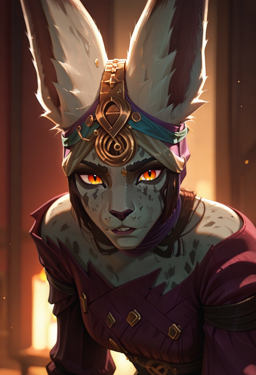 masterpiece, best quality, newest, absurdres, highres, arcane, arcane style, 1girl, LeastArcaneVastayaoutfit2, furry female, grey skin, orange eyes, animal ears, long ears,