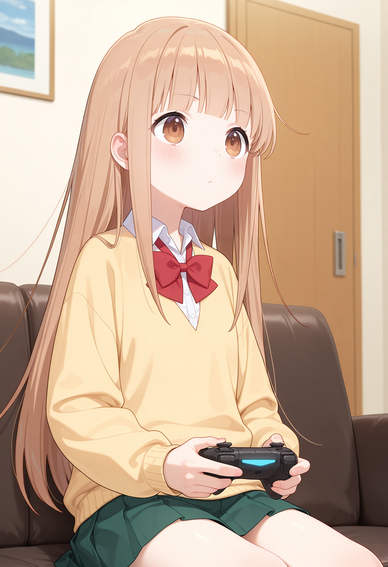 best quality, masterpiece, 1girl, aamiyano, long hair, brown hair, blunt bangs, brown eyes, school uniform, red bowtie, collared shirt, white shirt, yellow sweater, long sleeves, pleated skirt, green skirt, <lora:miyano_(tanakeda)_ilxl_v1:0.9>, indoors, living room, sitting, sofa, looking at another, solo, holding game controller,