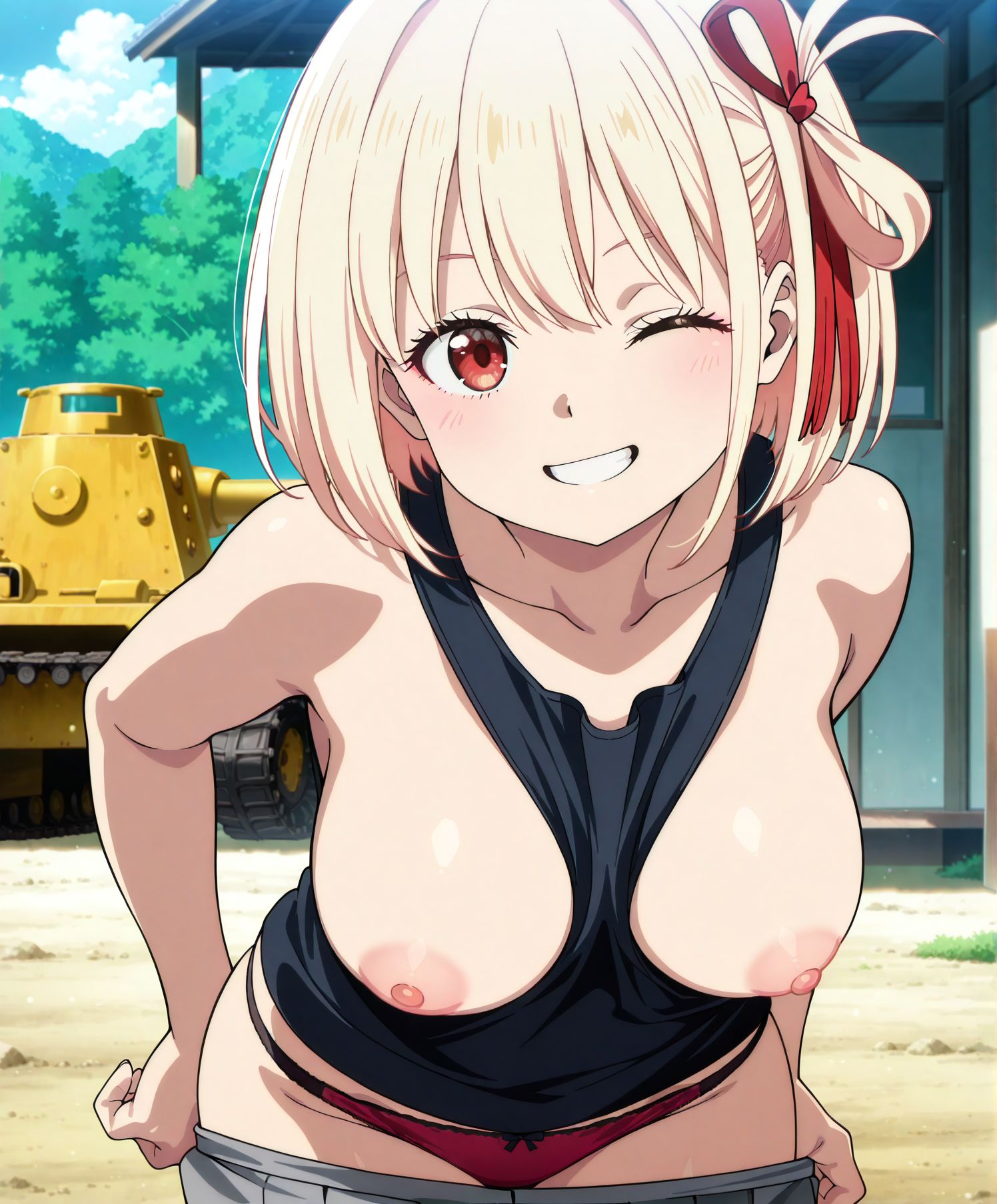 <lora:add-detail-xl:0.5>,masterpiece, best quality, newest, absurdres, highres, detailed eyes, beautiful, detailed background, perfect eyes, anime coloring, anime screencap,
<lora:flashing_breasts_Illustrious-000039:0.5>flashing_breastsV1,
wink,  breasts,tank top squeeze,tank top, nipples, sleeveless, topless, 
panties,cowboy shot,(pulling down the hem of the tank top:1.2),
(tank top between breasts), bare shoulders, resting her hand on her ribcage,
official art, 
nishikigi chisato, lycoris recoil, school uniform, 
20 YO,milf,adult,