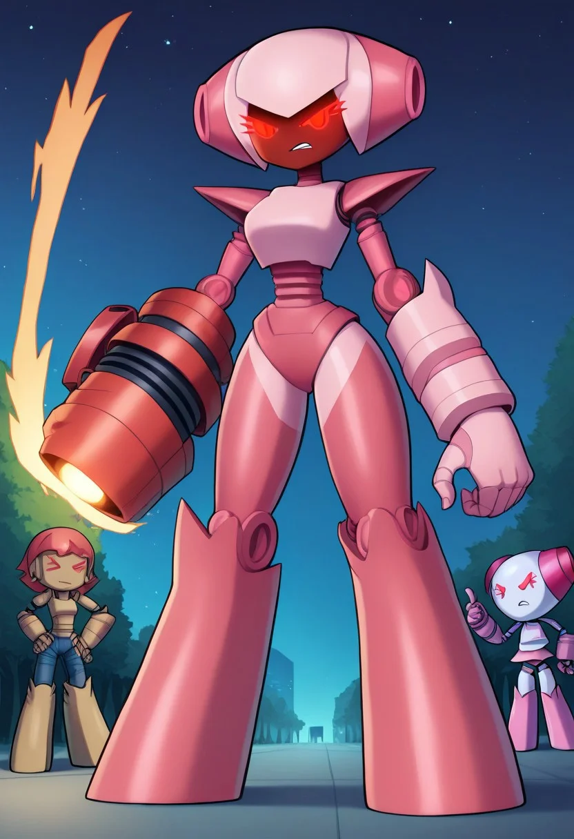 score_9, score_8_up, score_7_up, score_6_up, score_5_up, score_4_up, BREAK 2d, RobotGirlSuperActivated, light pink skin, metal skin, solo, solo focus, female focus, 1girl, robot, robot girl, standing, full body, outdoors, park, red eyes, looking at viewer, (arm cannon), glowing eyes, mad, angry, night, cannon on arm, arm gun, arm blaster, pink arm cannon, pointing arm cannon at viewer, blaster, weapon, weapon on arm,