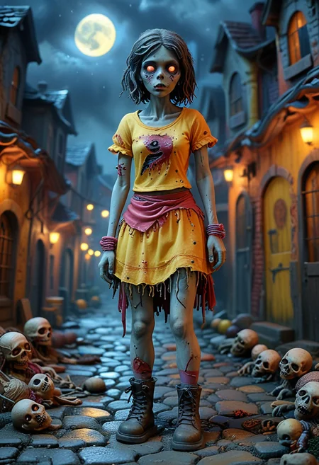 (medium full shot) of (spooky zombie) feminine, Average body,  wearing rotten yellow blood-stained top, ripped skirt, tattered boots, hollow eyes, torn bandages, set in  a spooky town, with dark alleys, flickering lights, eerie sounds, and ghostly apparitions , during full moon, Masterpiece,best quality, very aesthetic,