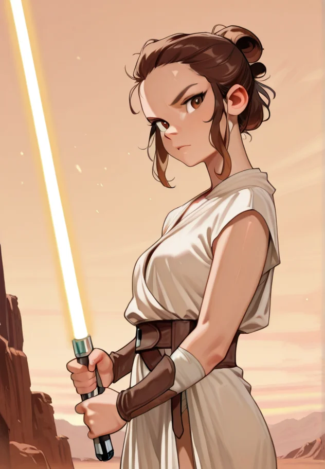 masterpiece, best quality, amazing quality, very aesthetic, absurdres, newest, detailed background, cowboy shot, outdoors, dynamic angle,
reysw, lightsaber, 1girl, energy sword, solo, brown hair, weapon, sword, robes, brown eyes, holding, looking at viewer, sidelocks, hairbun
<lora:Rey_-_Star_Wars_Illustrious:1>