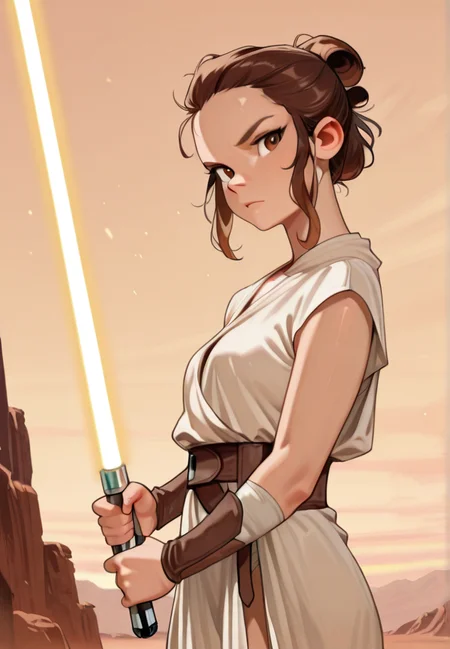 masterpiece, best quality, amazing quality, very aesthetic, absurdres, newest, detailed background, cowboy shot, outdoors, dynamic angle,
reysw, lightsaber, 1girl, energy sword, solo, brown hair, weapon, sword, robes, brown eyes, holding, looking at viewer, sidelocks, hairbun
<lora:Rey_-_Star_Wars_Illustrious:1>